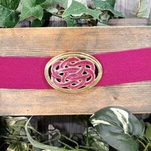 Vintage 70s 80s Fuchsia Elastic Gold Enamel Belt Wide Statement Art Deco